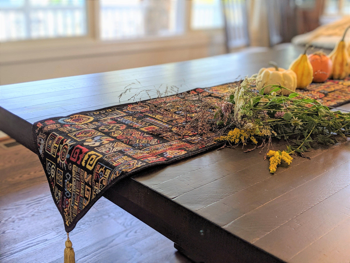 DaDa Bedding Set of 8 Pieces Ethnic Ornaments Table Woven Black Tapestry - 4 Placemats, 2 Table Runners, 2 Throw Pillow Covers (18118)