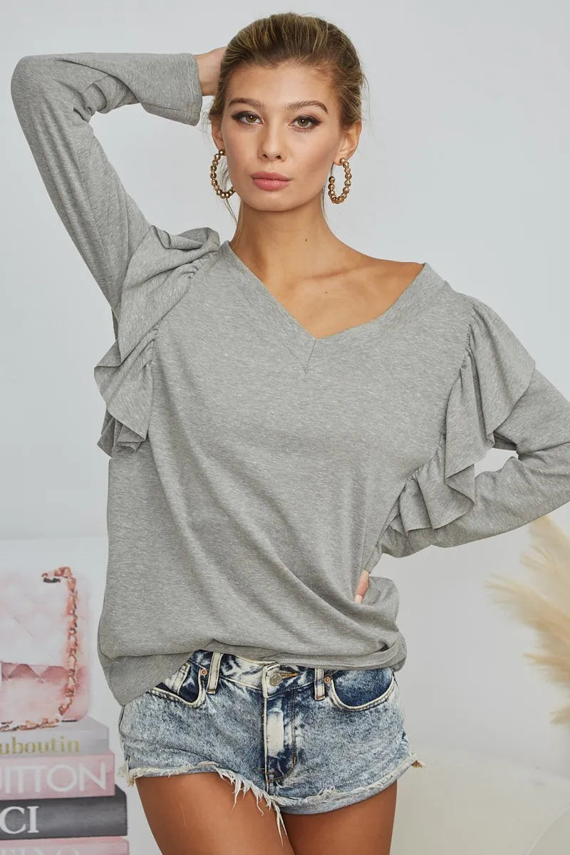 BiBi Triblend V Neck Top with Shoulder Shirring Detail in Grey