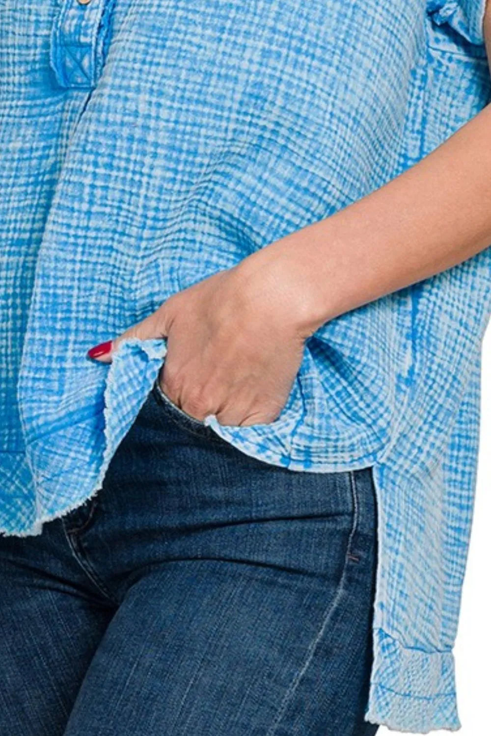 Zenana Washed Double Gauze 3/4 Button Henley Neck Shirt in Blue