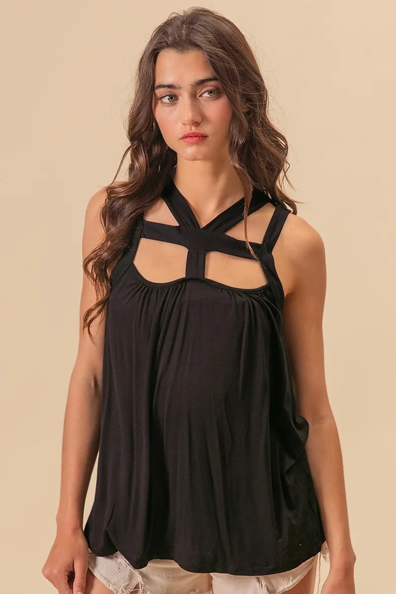 BiBi Rayon Span Jersey Cut Out with Straps Detailed in Black