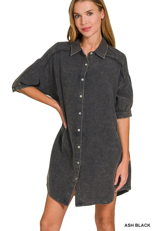 Zenana Washed Double Gauze Button Down Shirt Dress in Black