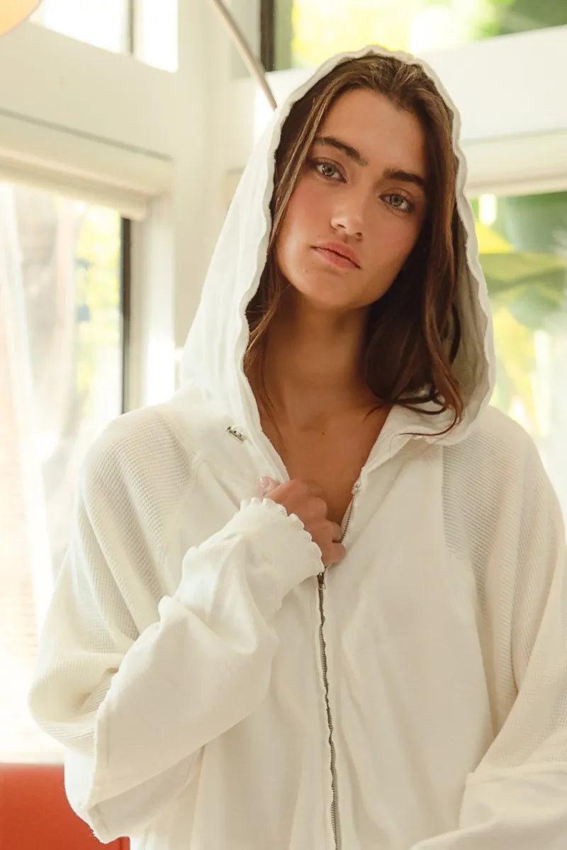 BiBi Waffle Thermal And Terry Mix Washed Zip Up Hoodie