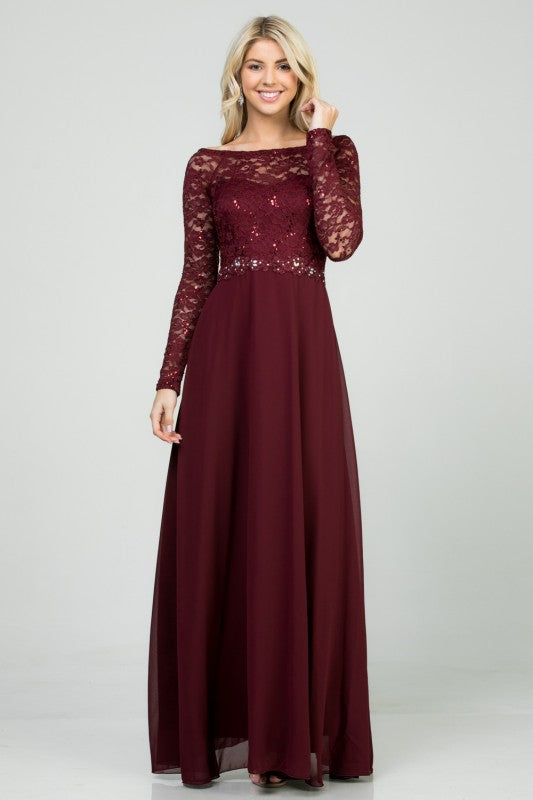 La Scala Long Sleeve Lace and Chiffon A-Line Gown