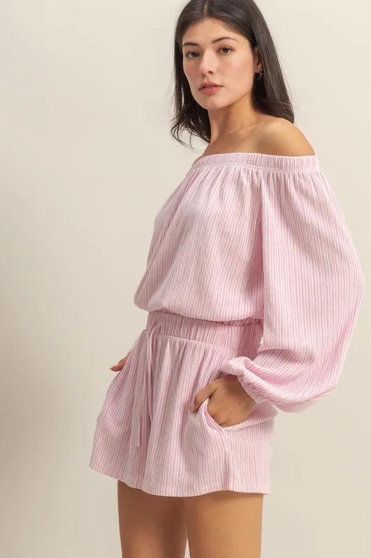 HYFVE Off Shoulder Top and Shorts Set in Pink & White