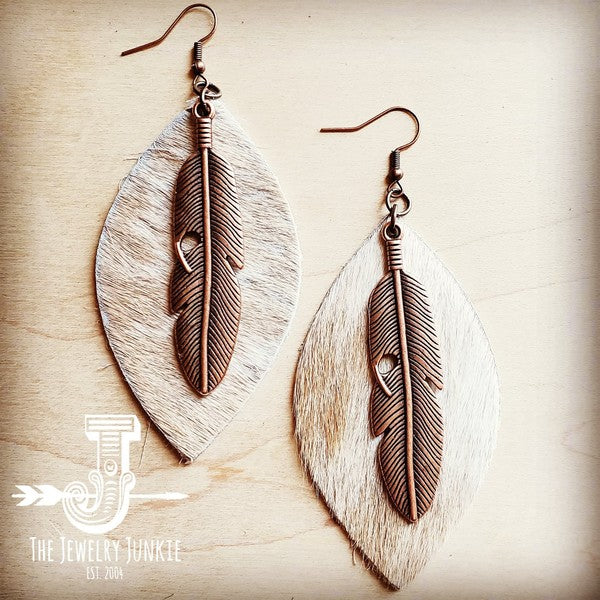 Leather Oval Earrings Tan Hair-on-Hide w Feather