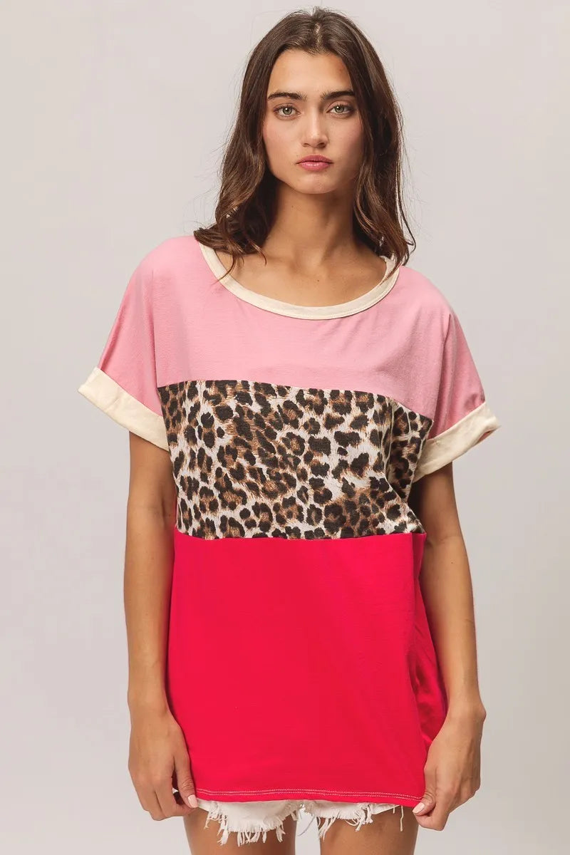 BiBi Leopard Printed Jersey  Color Block Roll Up in Pink