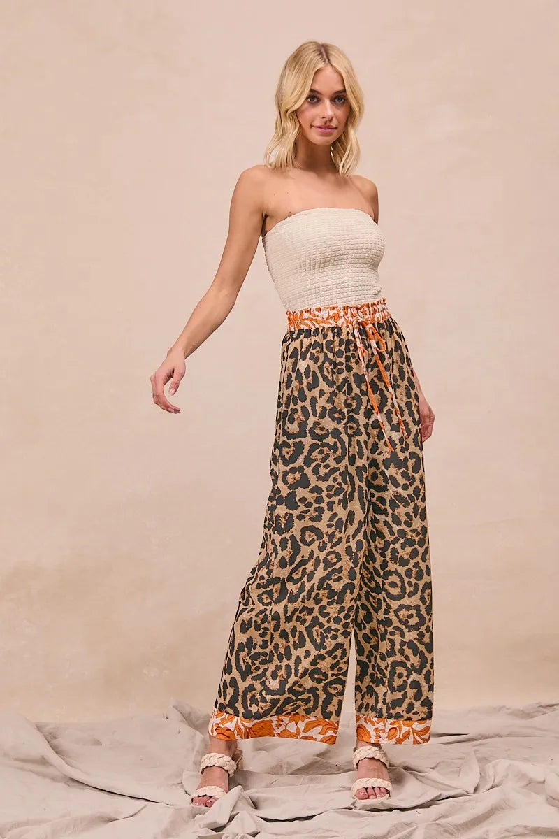 BiBi Leopard Print With Contrast Banded Wide Pants