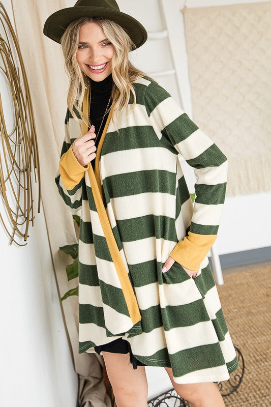 Jade by Jane Open Front Striped Draped Cardigan