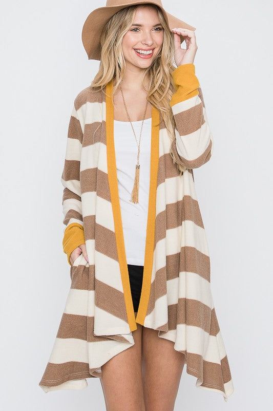 Jade by Jane Open Front Striped Draped Cardigan