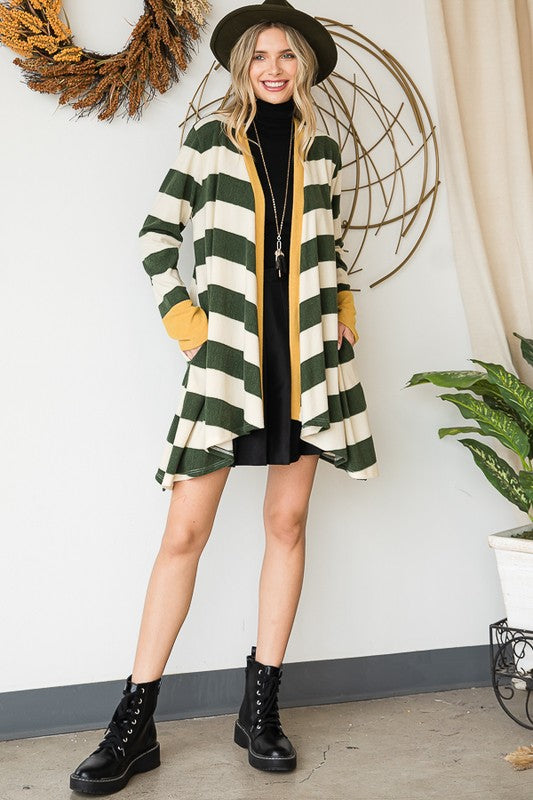 Jade by Jane Open Front Striped Draped Cardigan