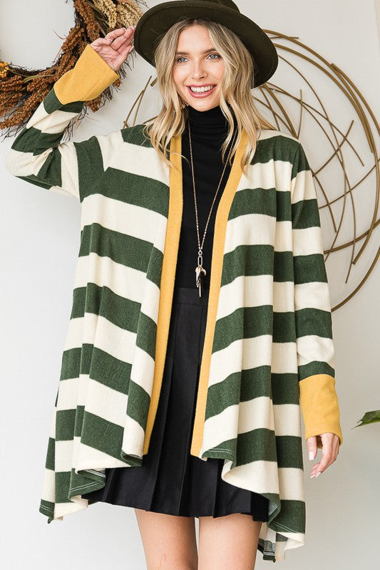 Jade by Jane Open Front Striped Draped Cardigan