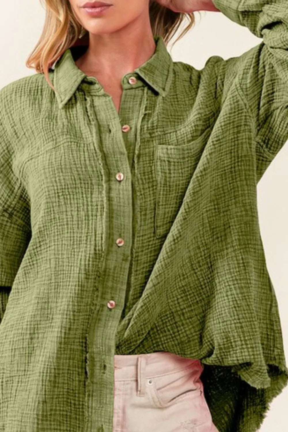 BiBi Raw Edge Detailed Mineral Washed Loose Fit Shirt in Olive
