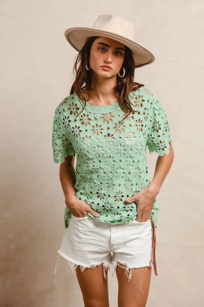 BiBi Openwork Crochet Short Sleeve Knit Top