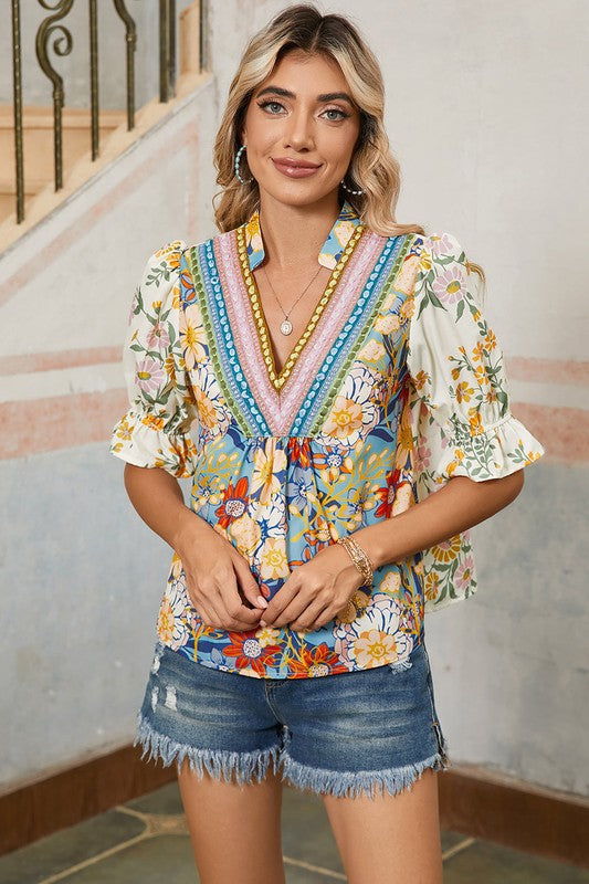 Multicolour V Neck Half Sleeve Boho Floral Blouse