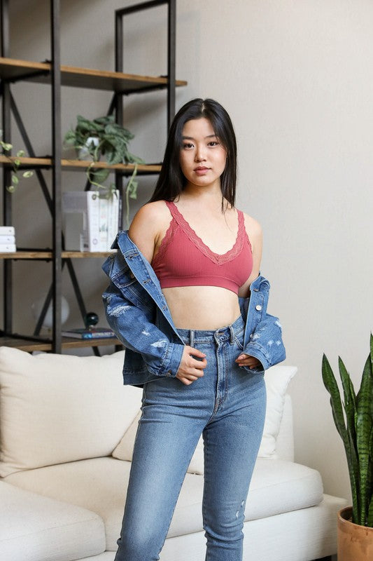 Leto Accessories Lace Trim Padded Bralette