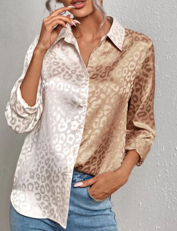 Miss Sparkling Satin Leopard Print Button Down Shirt