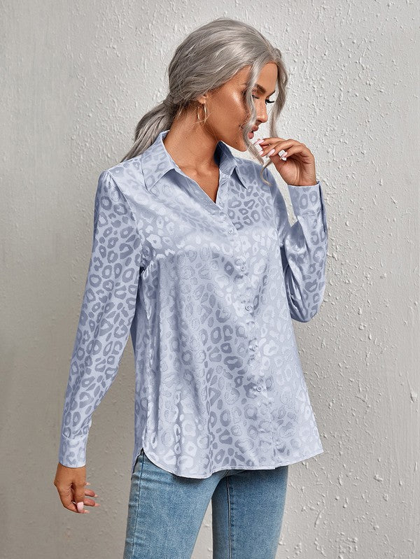 Miss Sparkling Satin Leopard Print Button Down Shirt