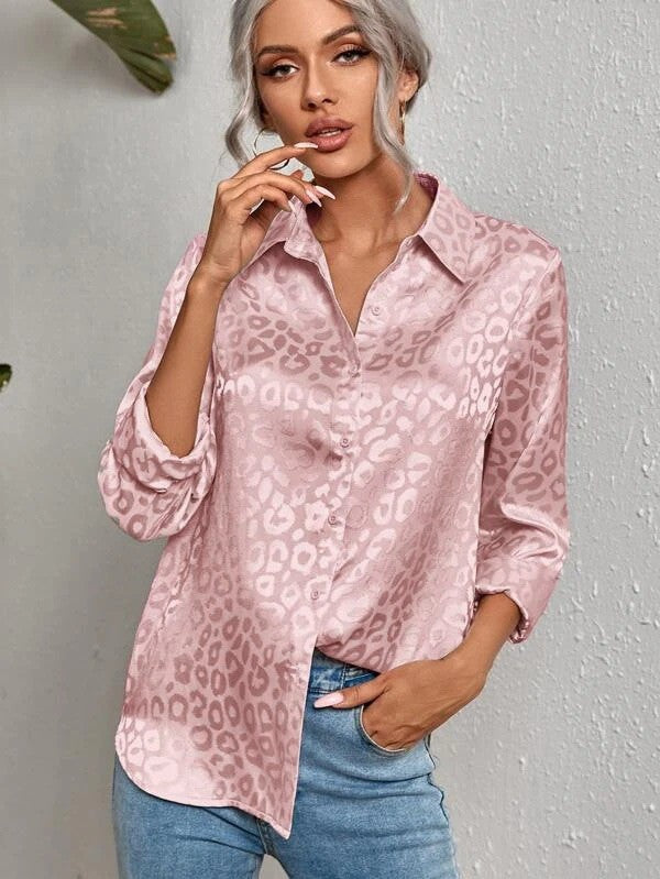 Miss Sparkling Satin Leopard Print Button Down Shirt