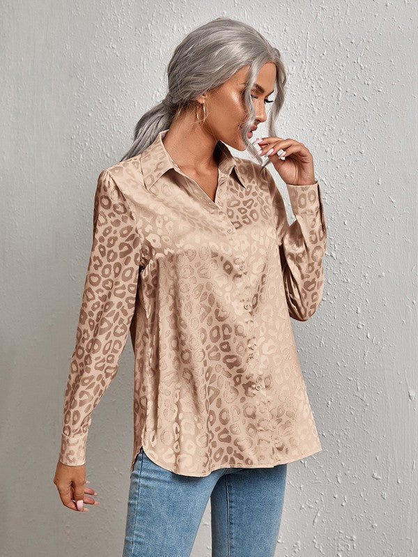 Miss Sparkling Satin Leopard Print Button Down Shirt