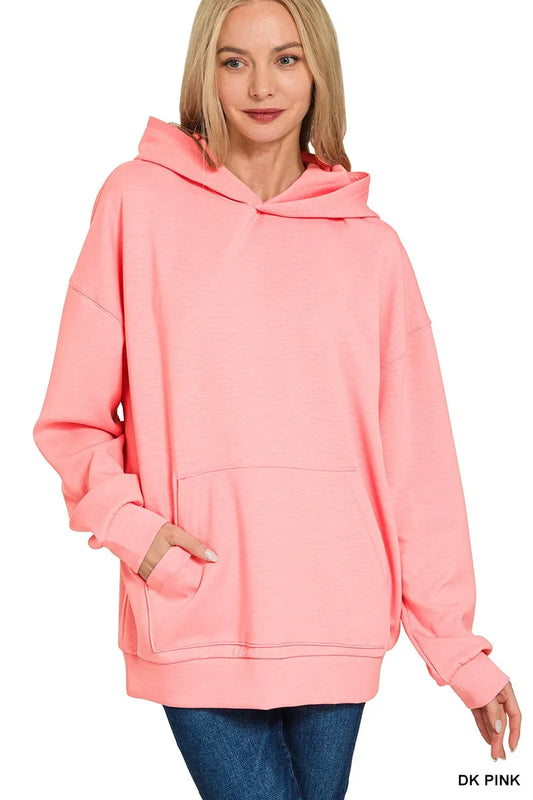 Zenana Oversized Scuba Hoodie with Kangaroo Pocket in Pink