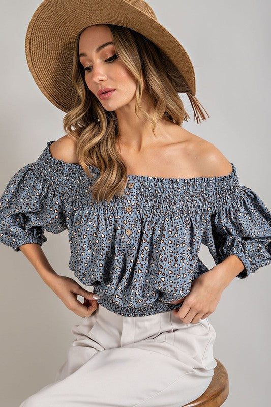 Eesome |Animal Print Smocked Off the Shoulder Top
