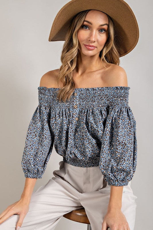 Eesome |Animal Print Smocked Off the Shoulder Top
