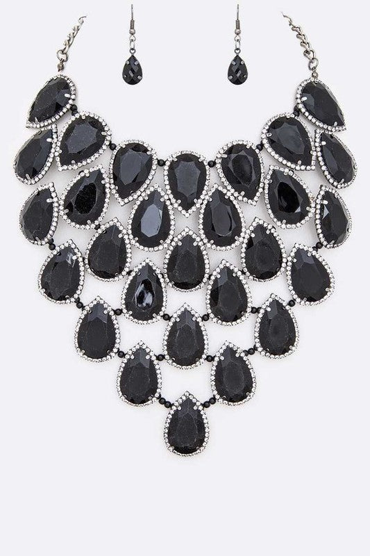 Crystal Teardrop Statement Bib Necklace Set