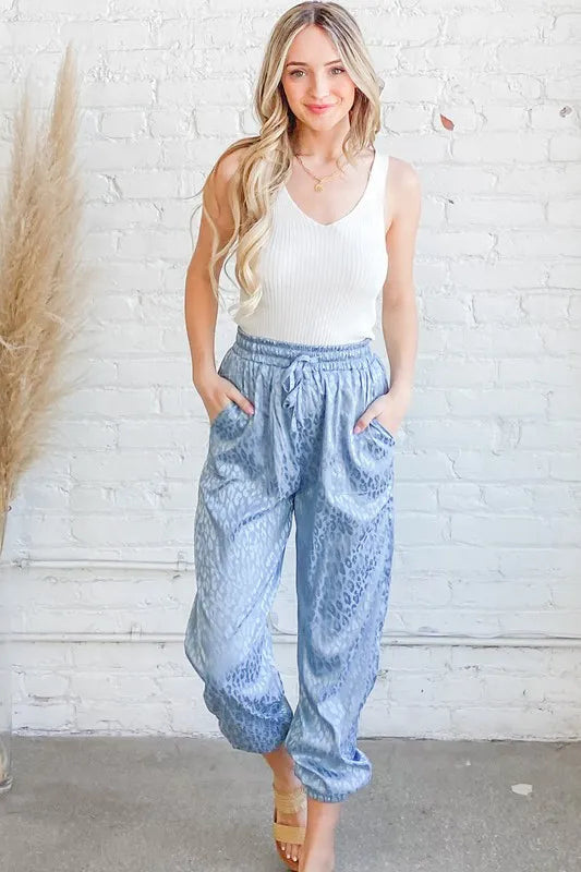 And The Why Satin Leopard Print Joggers in Blue