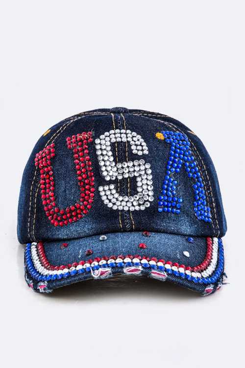 Crystal USA Embellished Fashion Denim Cap