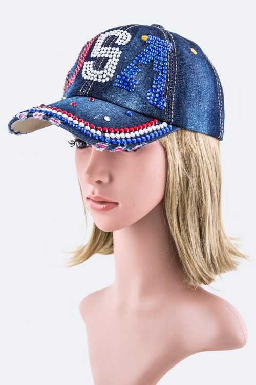 Crystal USA Embellished Fashion Denim Cap