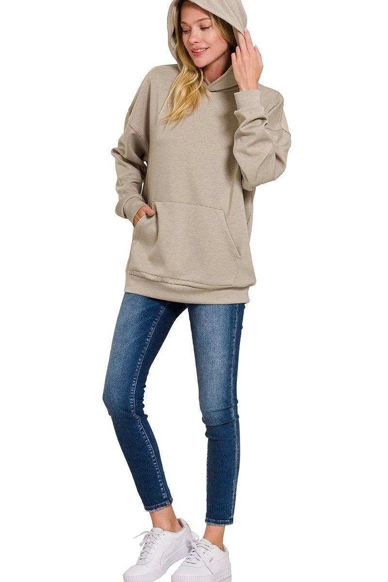 Zenana Oversized Scuba Hoodie with Kangaroo Pocket in Mocha