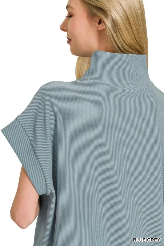 Zenana Ribbed High Neck Half Zip Top in Blue Grey