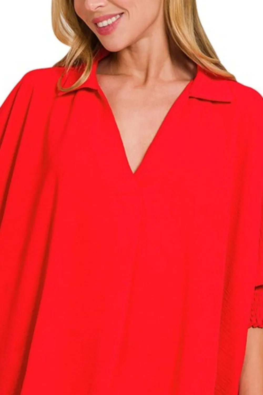 Zenana Airflow Collar Tee with Smocked Sleeve Band Top in Tomato