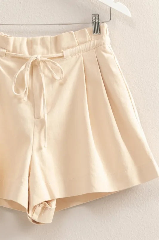 HYFVE High-Waisted Washed Twill Paperbag Shorts in Oatmeal