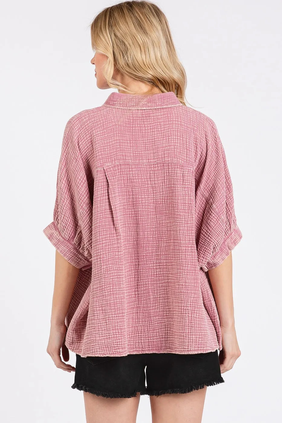 Mittoshop Mineral Wash Gauze Dolman Sleeve Button Down Shirt in Pink