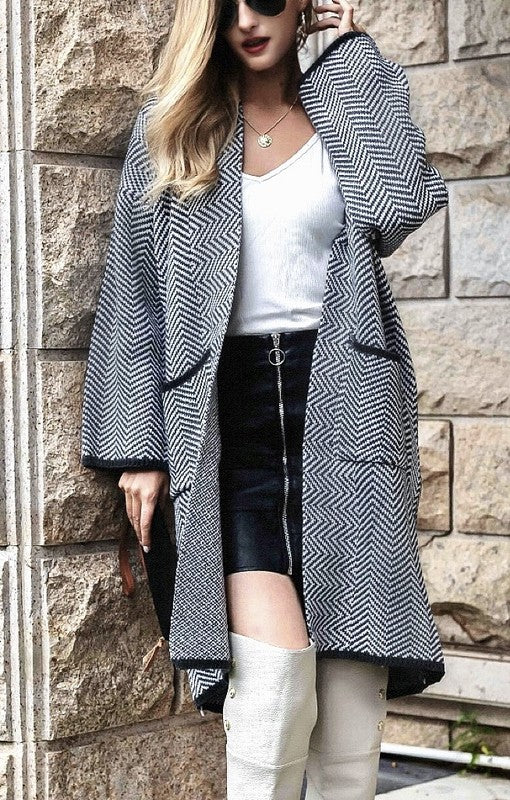 Frenchy Herringbone Pattern Open Front Cardigan
