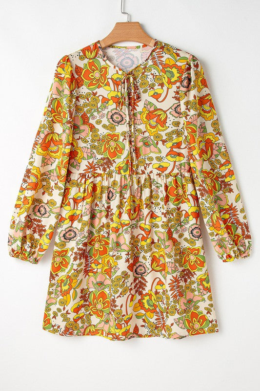 Cream Floral Tie V Neck Long Sleeve Mini Dress