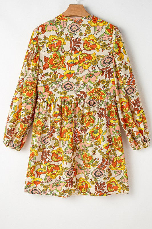 Cream Floral Tie V Neck Long Sleeve Mini Dress