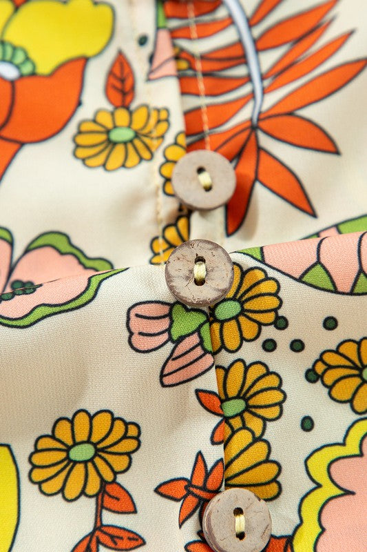 Cream Floral Tie V Neck Long Sleeve Mini Dress