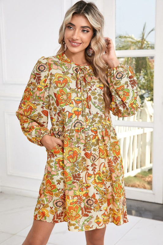 Cream Floral Tie V Neck Long Sleeve Mini Dress