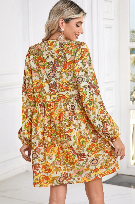 Cream Floral Tie V Neck Long Sleeve Mini Dress
