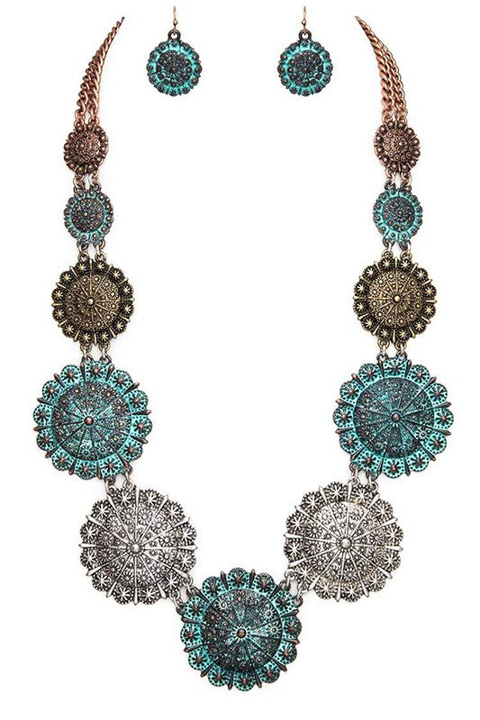 Mix Tone Textured Medallion Western Necklace Set