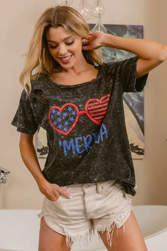 BiBi 4th Of July Theme Mineral Washed Laser Cut Top