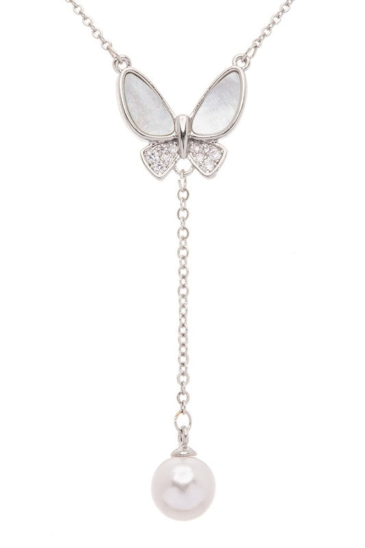 MOP Butterfly Pearl Drop Pendant Necklace