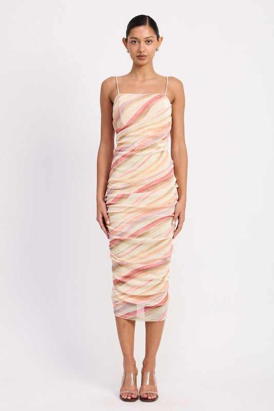 Emory Park Ruched Mesh Midi Dress with Adjustable Straps