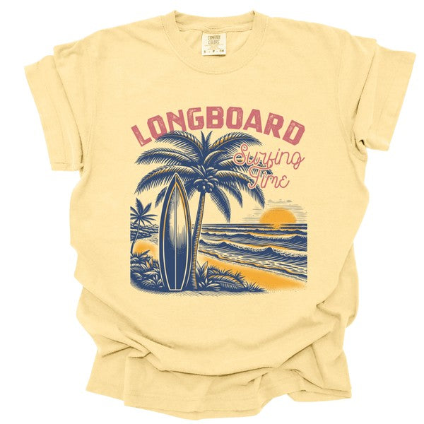 Plus Longboard Summer Palm Tree Surf Sunset Tee