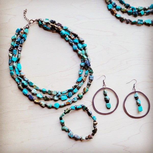 Genuine HuBei Turquoise&Wood Triple StrandNecklace