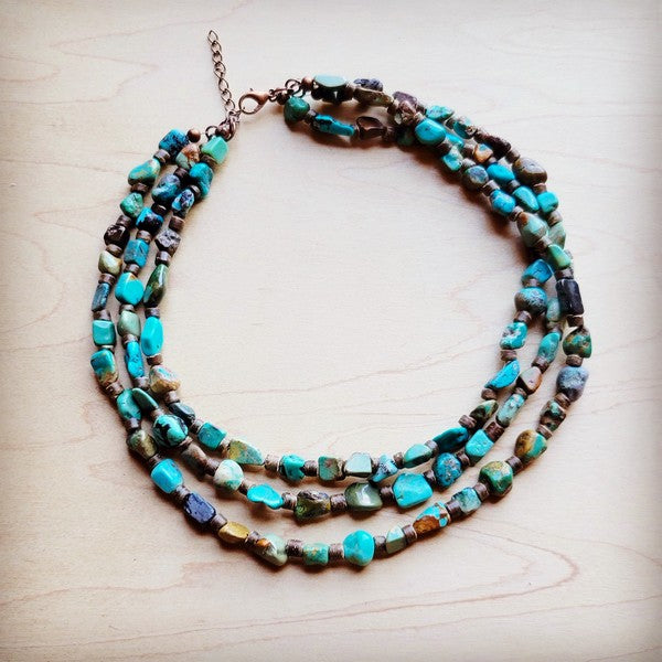Genuine HuBei Turquoise&Wood Triple StrandNecklace
