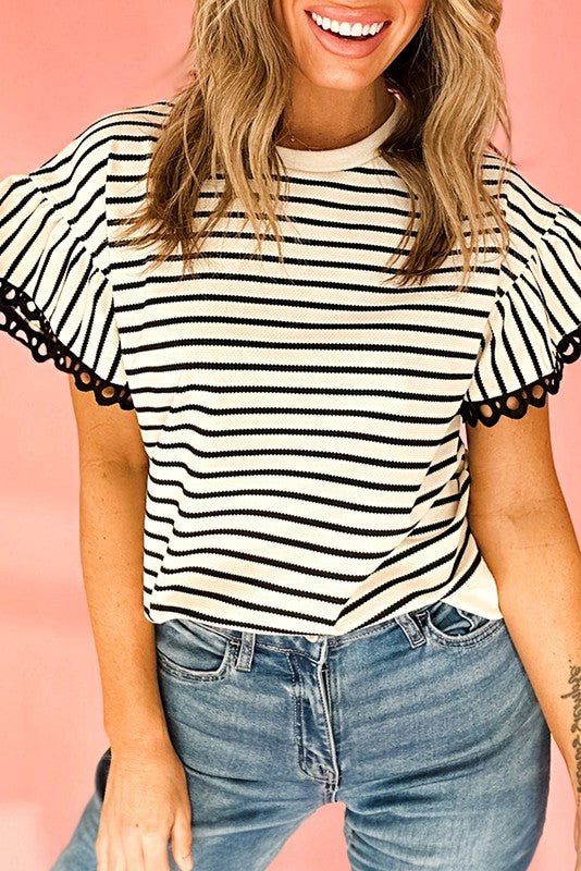 Cotton Stripe Scallop Lace Ruffle Sleeves Top
