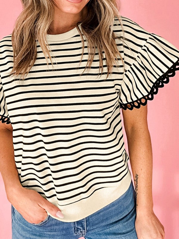 Cotton Stripe Scallop Lace Ruffle Sleeves Top
